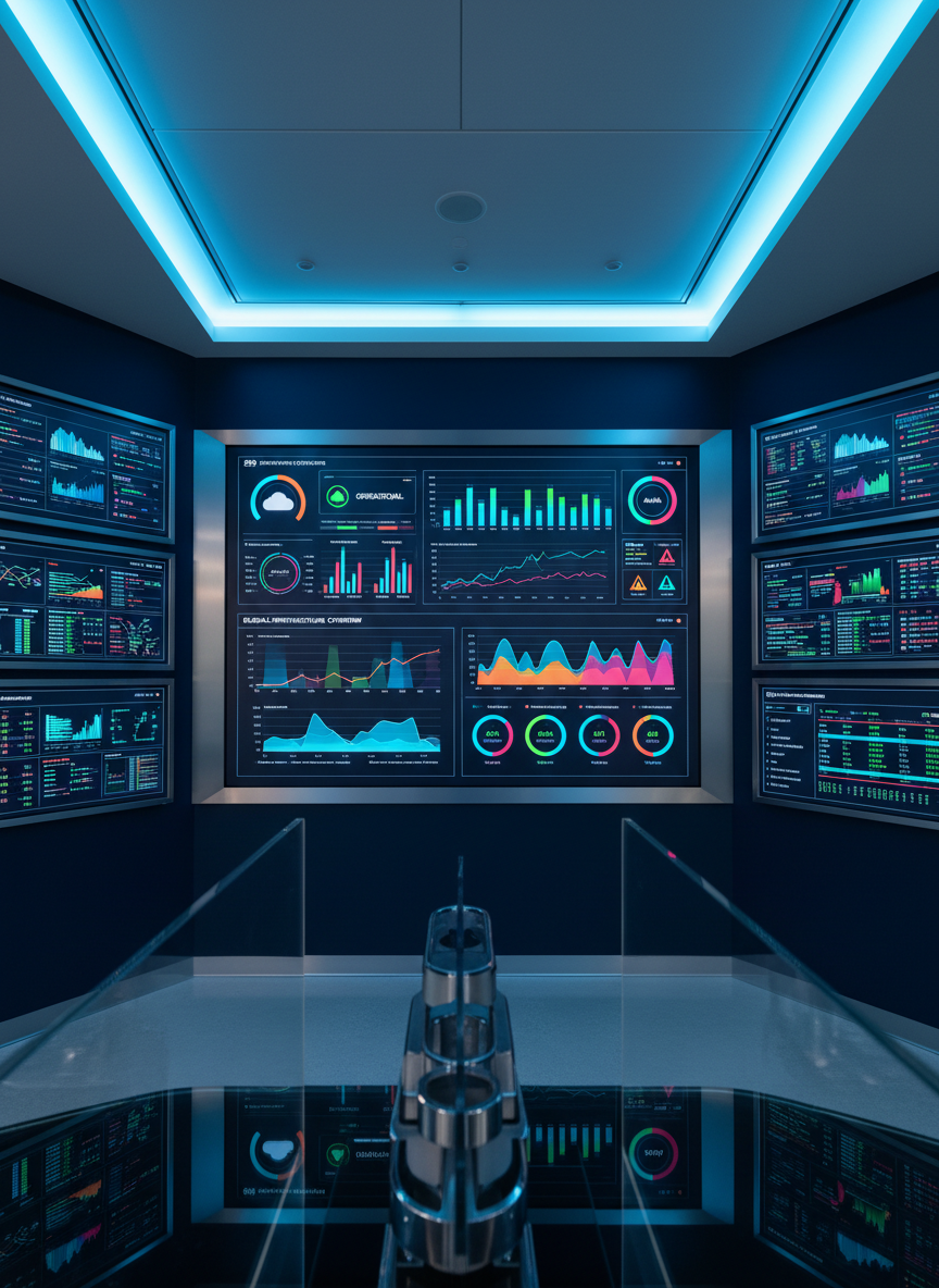 A vivid visualization of a real-time AWS infrastructure monitoring dashboard, featuring colorful graphs, utilization metrics, and status indicators displayed on a large wall-mounted screen against a deep navy accent wall. Smaller screens with additional dashboards fill the periphery, suggesting comprehensive oversight. Cool LED downlighting and gentle screen glow highlight the analytics, while glass and steel surfaces reflect technology and order. Captured from an eye-level perspective with a slight wide-angle framing, the image conveys an organized, high-performance mood and a clean, modern aesthetic, perfectly aligning with themes of monitoring and continuous improvement.