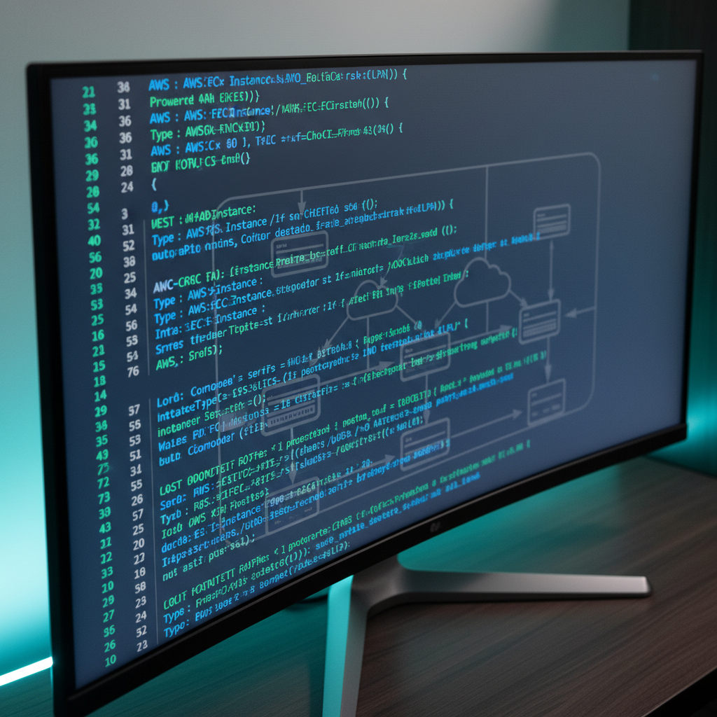 A close-up of a dynamic, code-driven AWS CloudFormation YAML script displayed on a high-resolution ultra-wide monitor, with vivid syntax highlighting in cool blues and greens. The script overlays a background of semi-transparent technical diagrams, suggesting automated infrastructure deployment. Set in a minimalist, tech-forward workspace with brushed metal textures and indirect soft lighting accentuating clarity and innovation. The composition uses a slightly angled top-down viewpoint focusing sharply on intricate code details, creating a mood of precision and technical sophistication. The style is clean, modern, and suited to a site on automated infrastructure management.